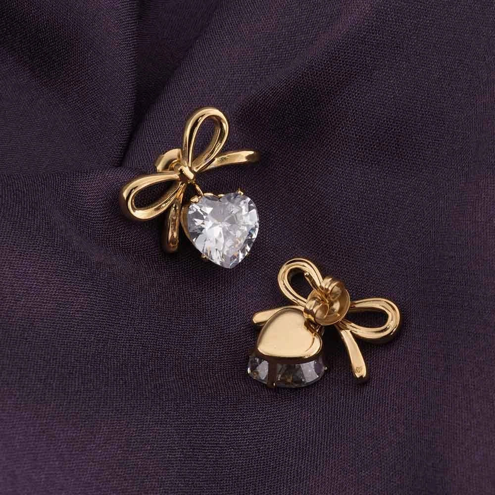 Bow and Heart Drop Earrings - Anti Tarnish Gold Plated