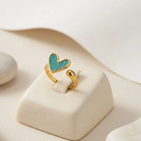 Green Malachite Heart Ring - Adjustable Gold Fashion Ring