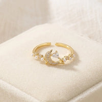 Celestial Moon & Heart Pearl Ring | High-Quality Korean Fashion Ring