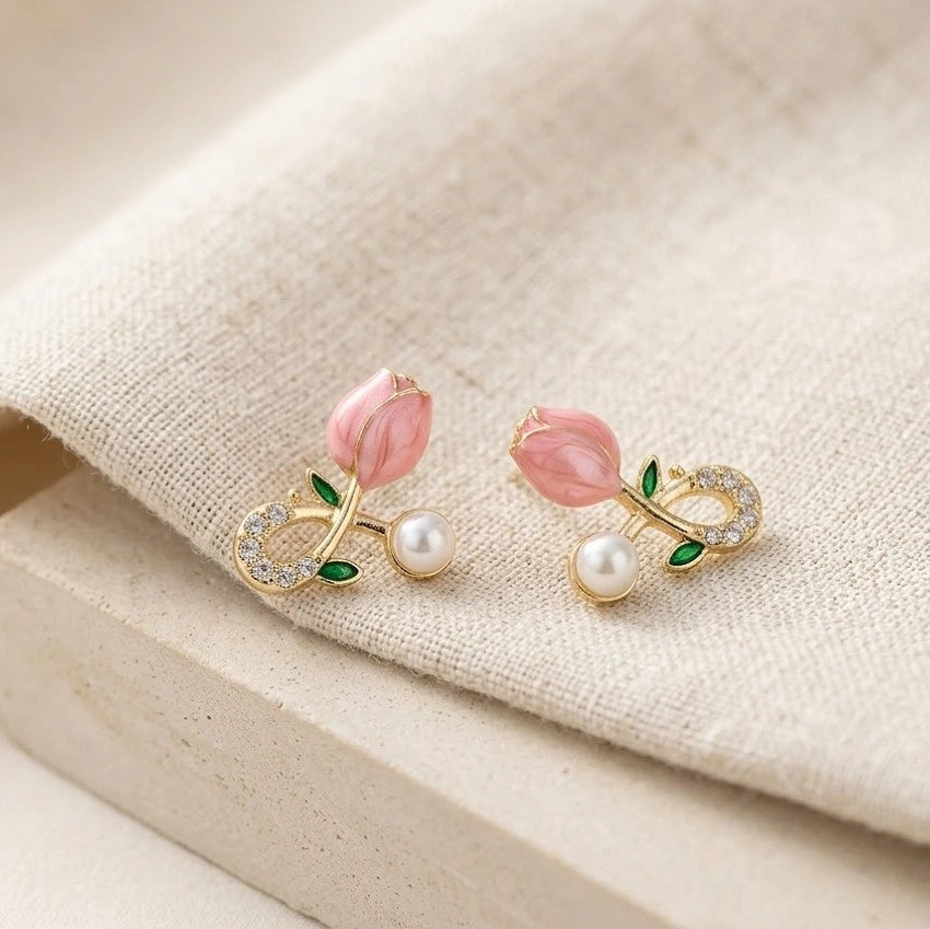 Pink Tulip & Pearl Floral Stud Earrings | Premium Korean Fashion Jewelry