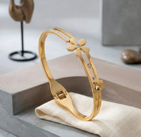 Korean Floral Anti-Tarnish Gold Plated Bracelet - Stainless Steel Waterproof Bangle