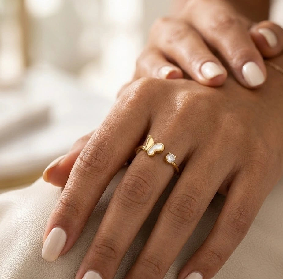 Korean Gold Butterfly Open Ring with Crystal - High Quality Fashion Jewelry