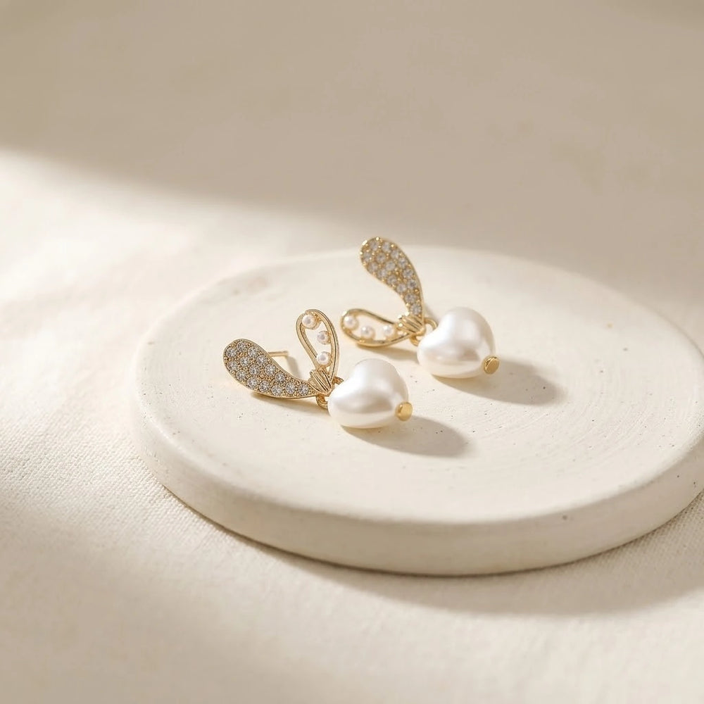 Korean Heart Pearl Drop Earrings - Dainty Gold CZ Fashion Earrings | Moncheri