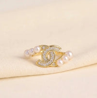 Korean Interlocking C Pearl & Crystal Gold Ring