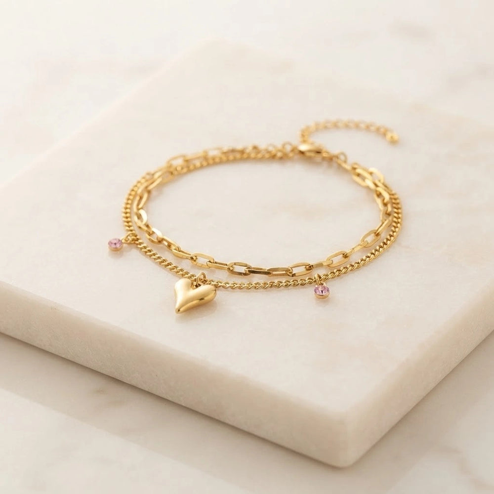 Korean Double Layer Heart & Pink Gem Anti Tarnish Gold Plated Bracelet