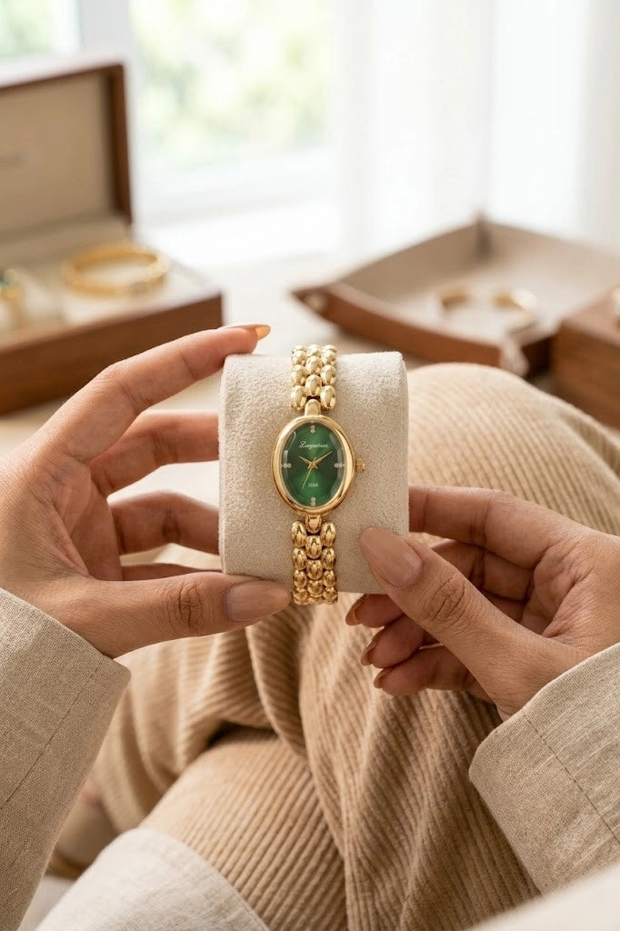 Vintage Emerald Green Dial Watch | Anti-Tarnish Gold Plated