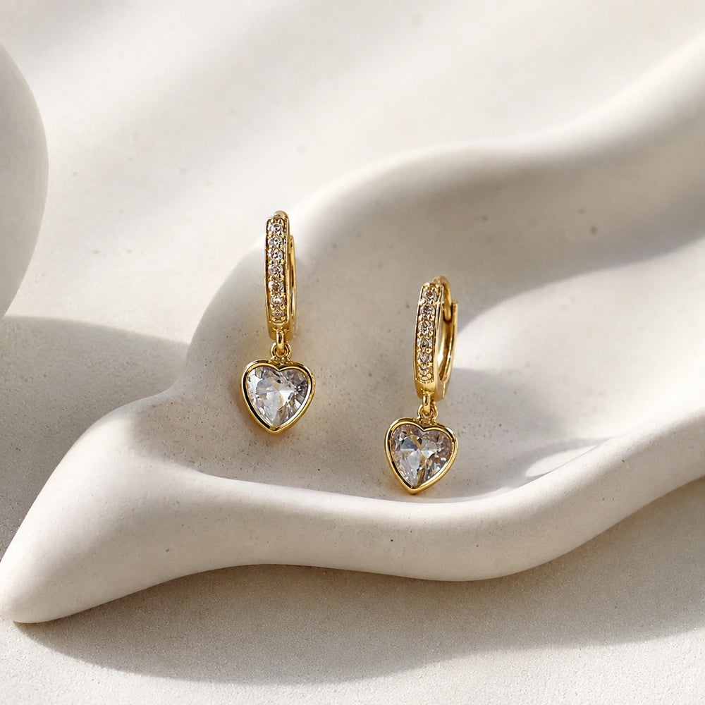 Crystal Heart Drop Hoop Earrings - Anti Tarnish Gold Plated Korean Minimalist