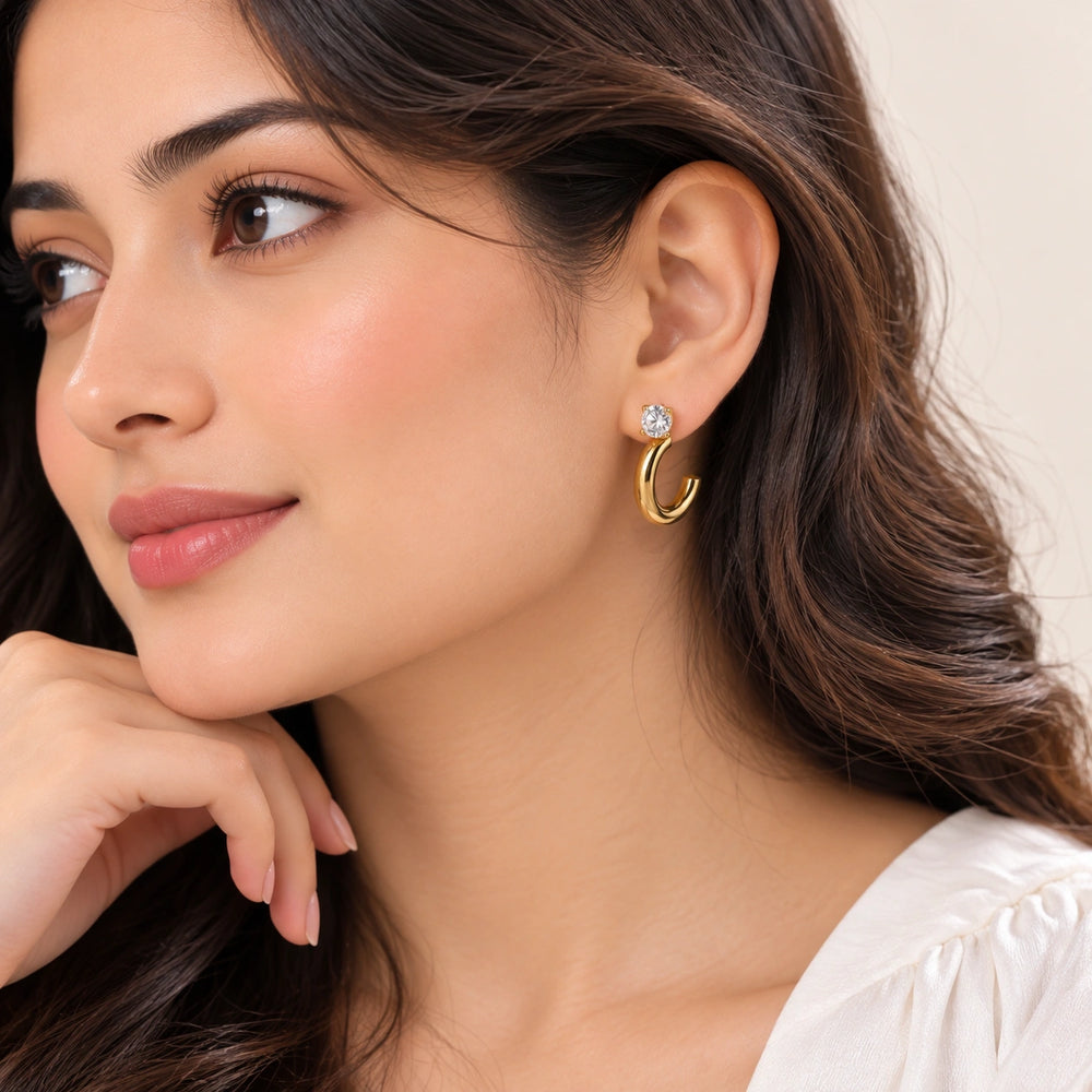 Crystal Solitaire C-Hoop Earrings | Anti Tarnish Gold Plated