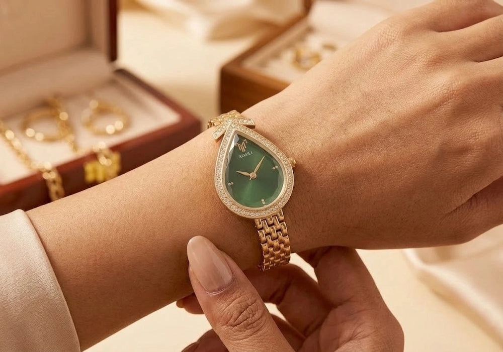 Emerald Teardrop Luxury Watch - Anti-Tarnish Gold Plated | Moncheri Jewels