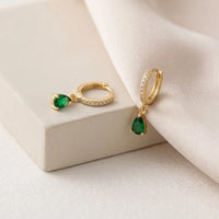 Emerald Green Teardrop Hoop Earrings | Anti Tarnish Gold Plated