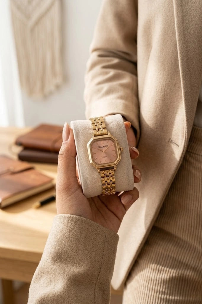 Vintage Octagon Blush Dial Watch - Anti-Tarnish Gold Plated