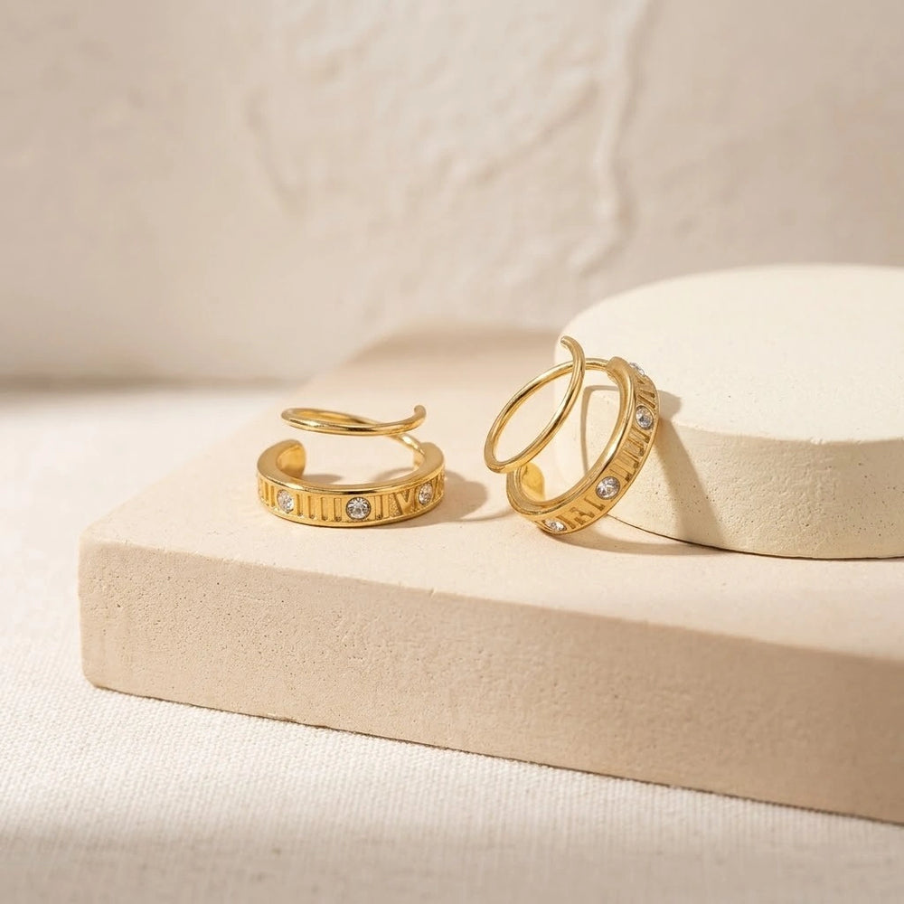 Roman Numeral Double Hoop Earrings - Anti Tarnish Gold Plated