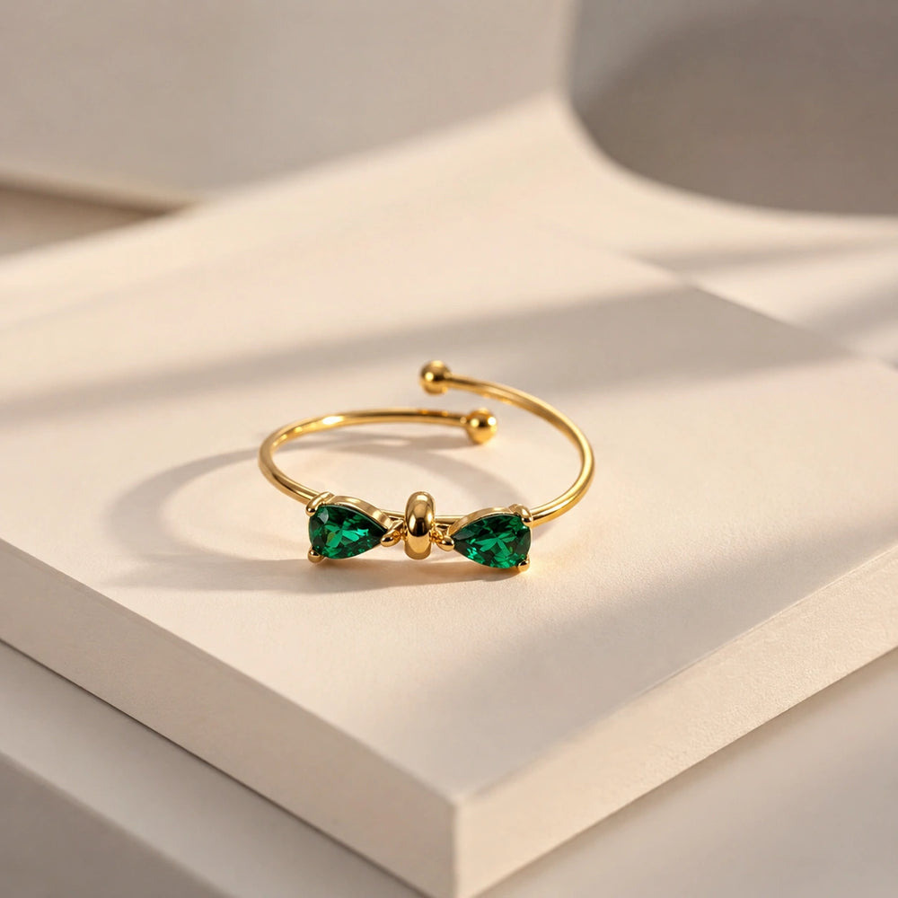 Emerald Green Bow Adjustable Ring | Anti-Tarnish Gold Plated