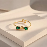 Emerald Green Bow Adjustable Ring | Anti-Tarnish Gold Plated