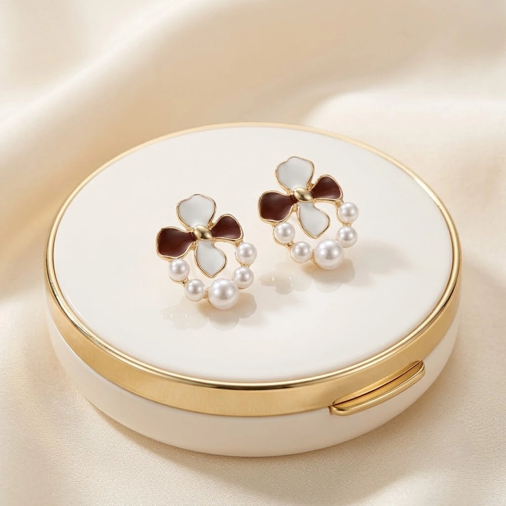 Vintage Floral Pearl Stud Earrings | Maroon & White Enamel Coquette Jewelry