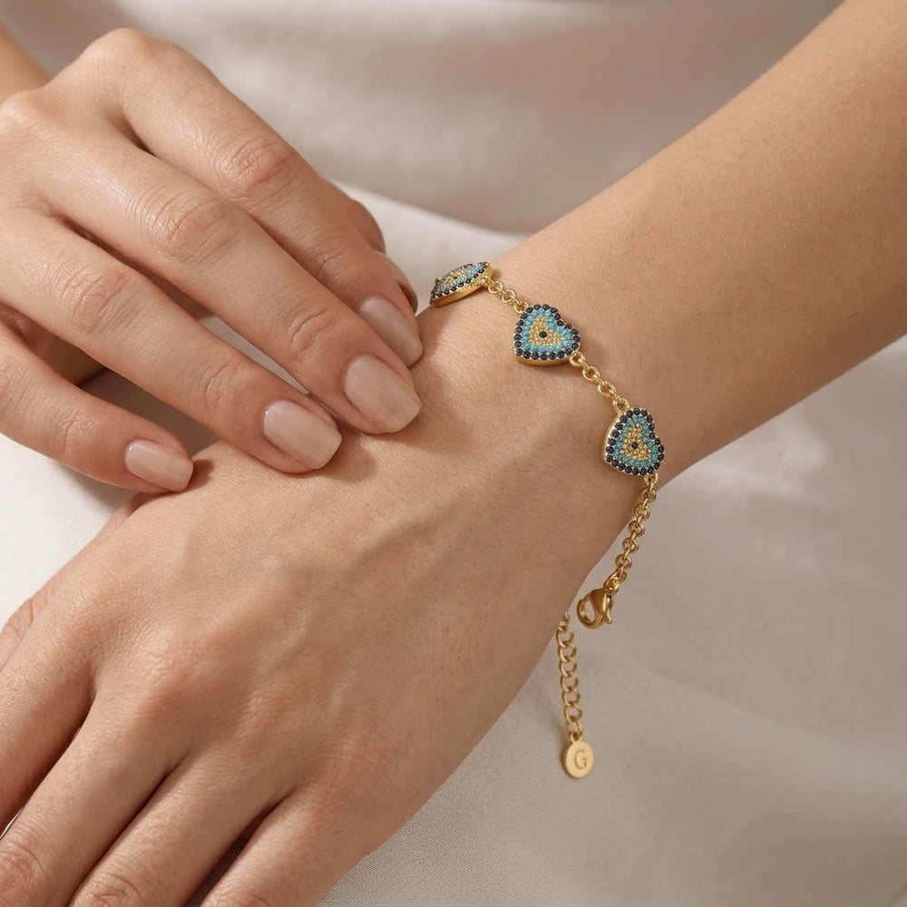 Turquoise Heart Evil Eye Bracelet - Anti Tarnish Gold Plated