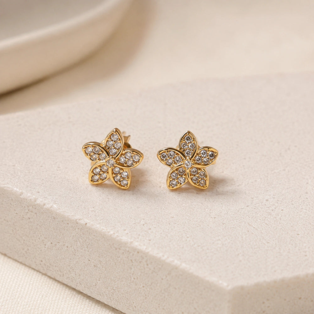 Crystal Blossom Floral Stud Earrings - Anti-Tarnish Gold-Plated