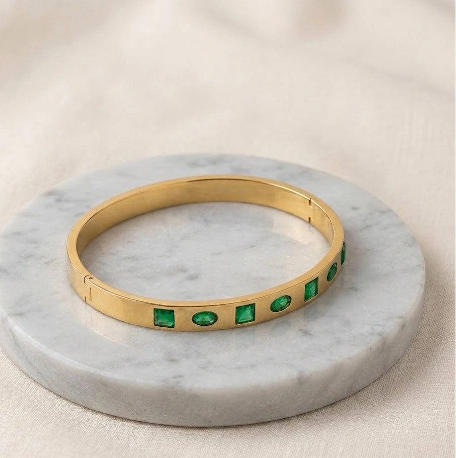 Emerald Green Minimalist Bracelet Stack - Anti Tarnish Gold Plated