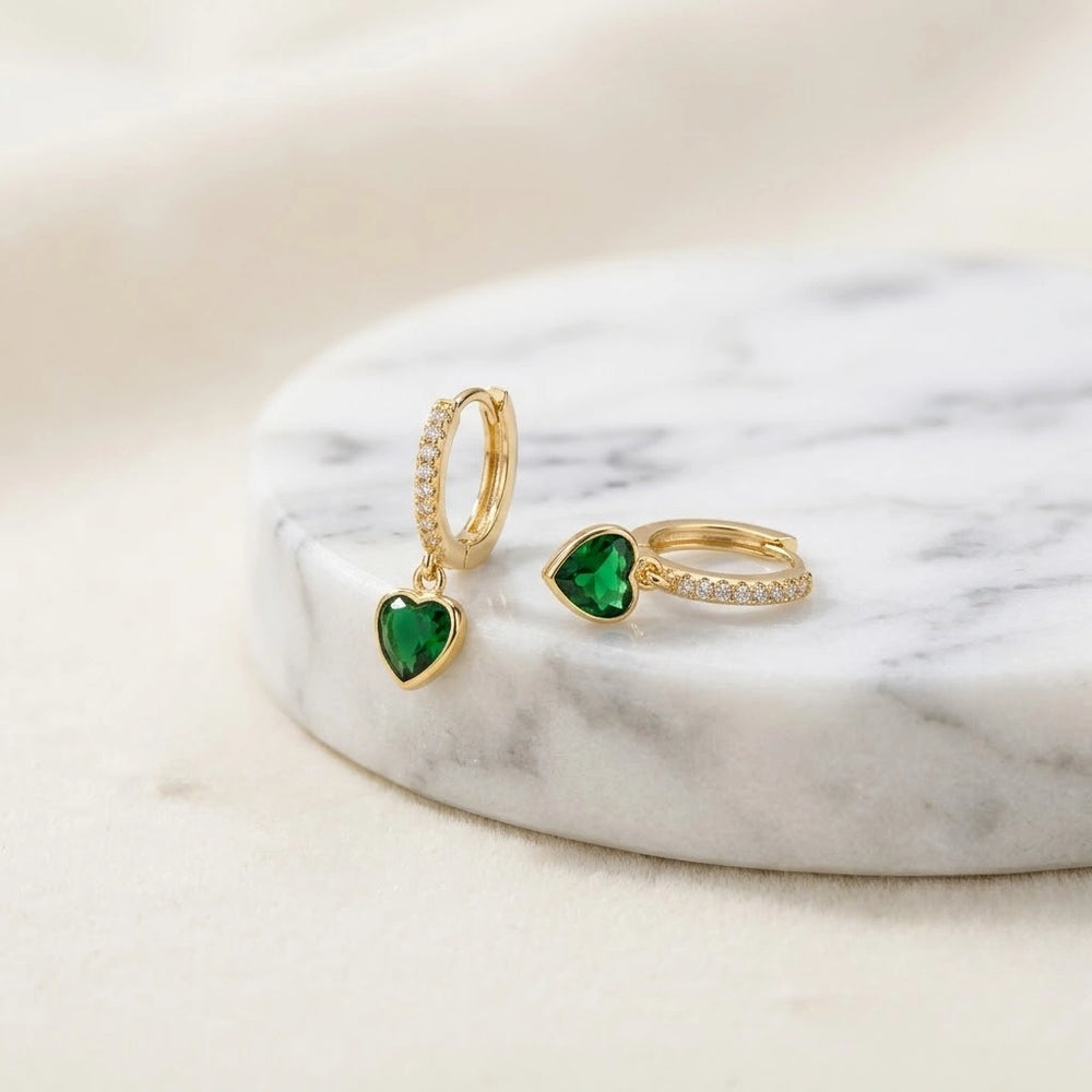 Green Heart Hoop Earrings - Anti Tarnish Gold Plated
