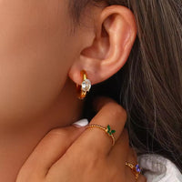 Solitaire Stone Hoop Earrings - Anti Tarnish Gold Plated