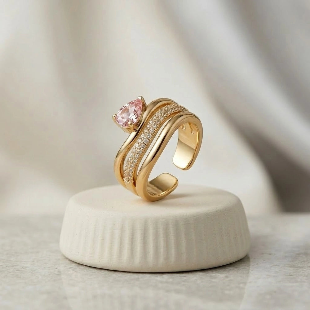 Teardrop Pink Stone Layered Ring | Anti-Tarnish Gold Plated