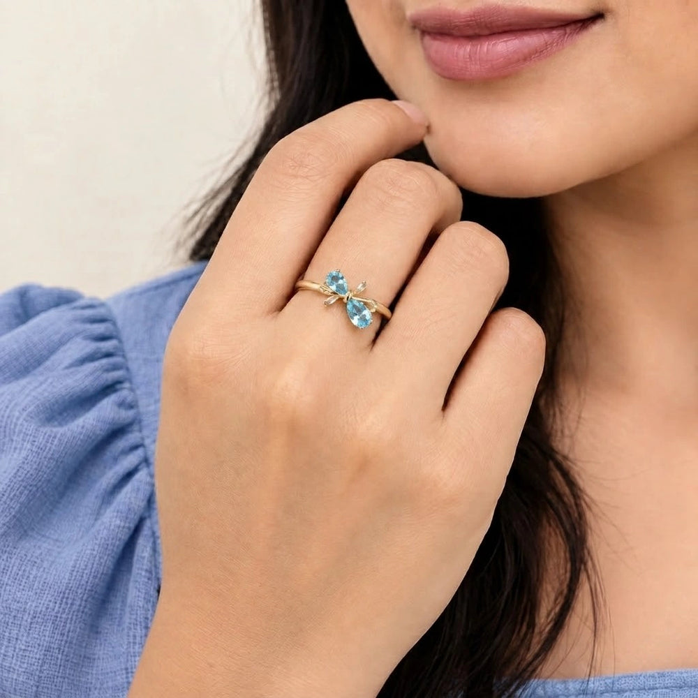 Aqua Blue Bow Ring - Anti Tarnish Gold Plated Adjustable