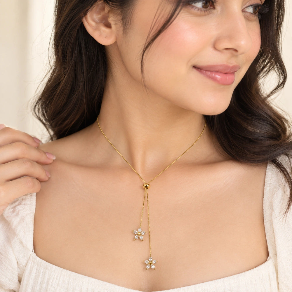 Dainty Floral Lariat Y-Necklace - Anti-Tarnish Gold Plated