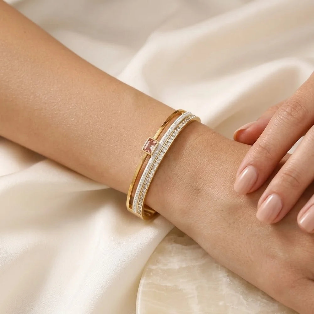 Pink Square Crystal Anti Tarnish Gold Plated Bracelet | Korean Layered Bangle