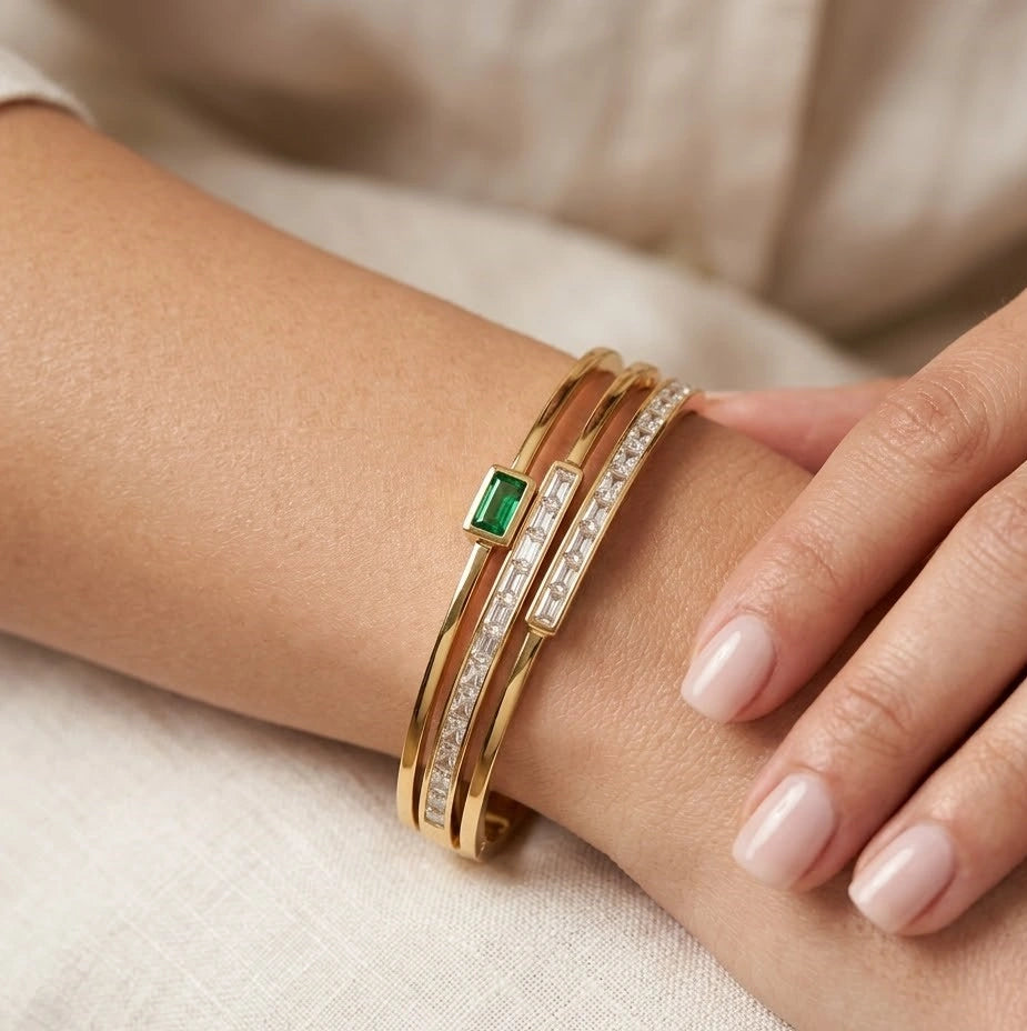 Emerald Green Stone Layered Gold Plated Bracelet | Anti-Tarnish