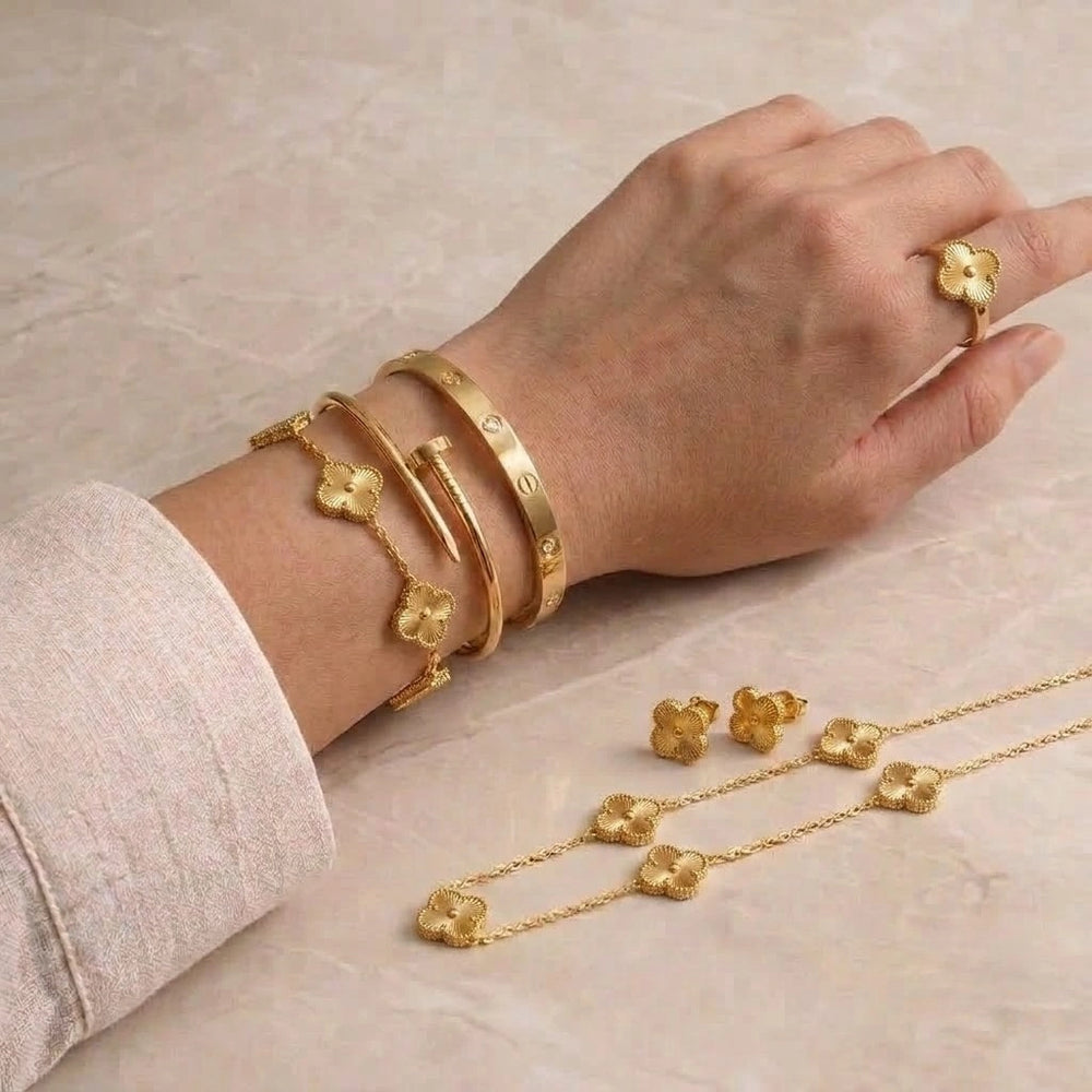 Anti-Tarnish Gold Plated Clover & Bangle Jewelry Set Combo (6-Pieces)