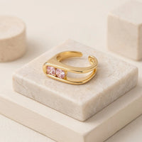 Pink Crystal Adjustable Double Band Ring - Anti Tarnish Gold Plated