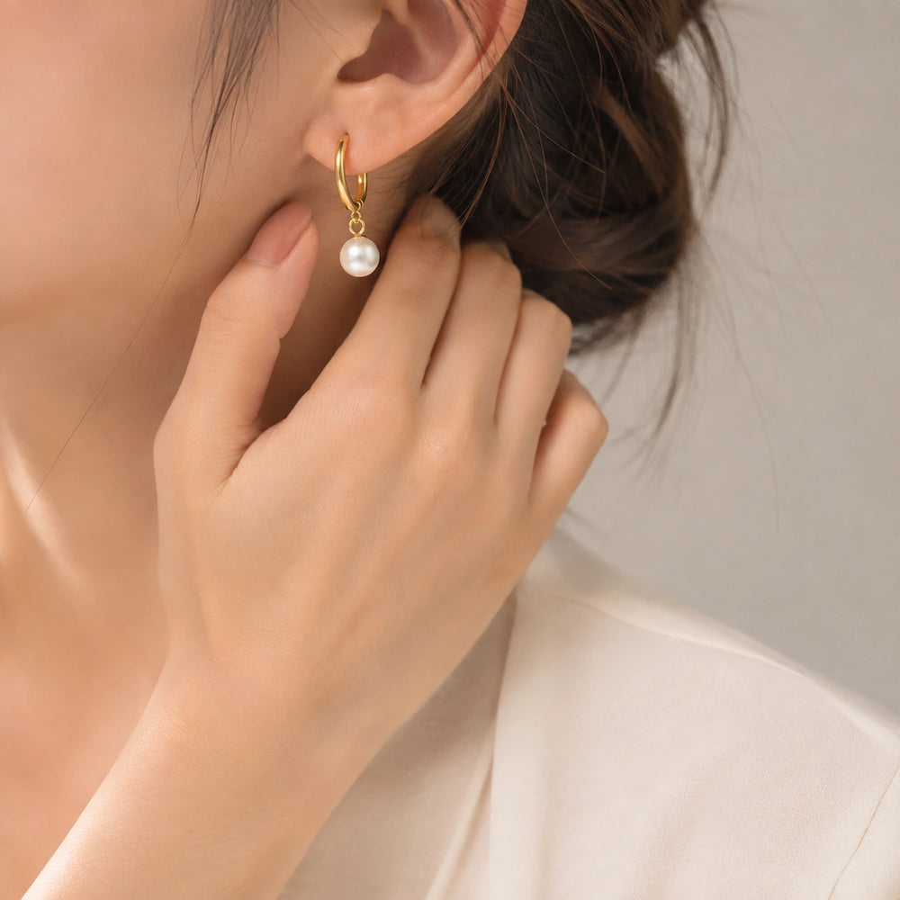 Pearl Drop Hoop Earrings - Anti-Tarnish Gold-Plated