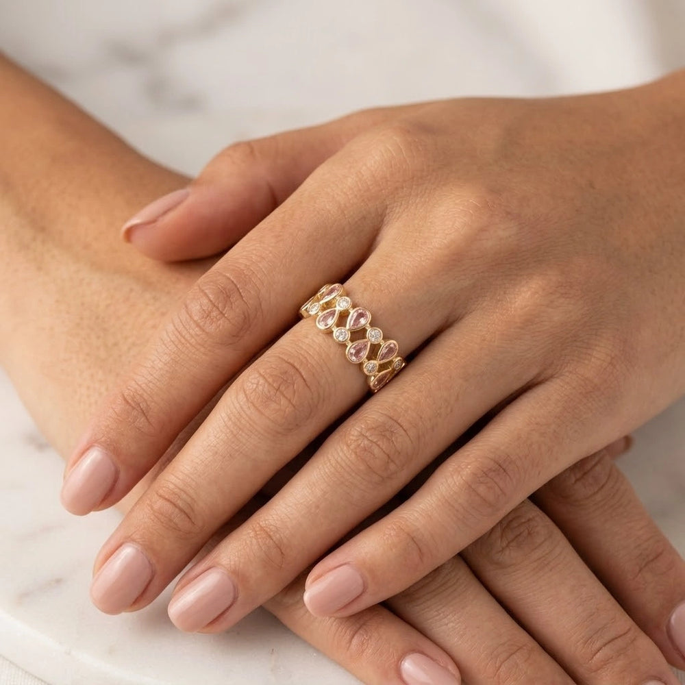 Pink Teardrop Crystal Adjustable Ring - Anti Tarnish Gold Plated