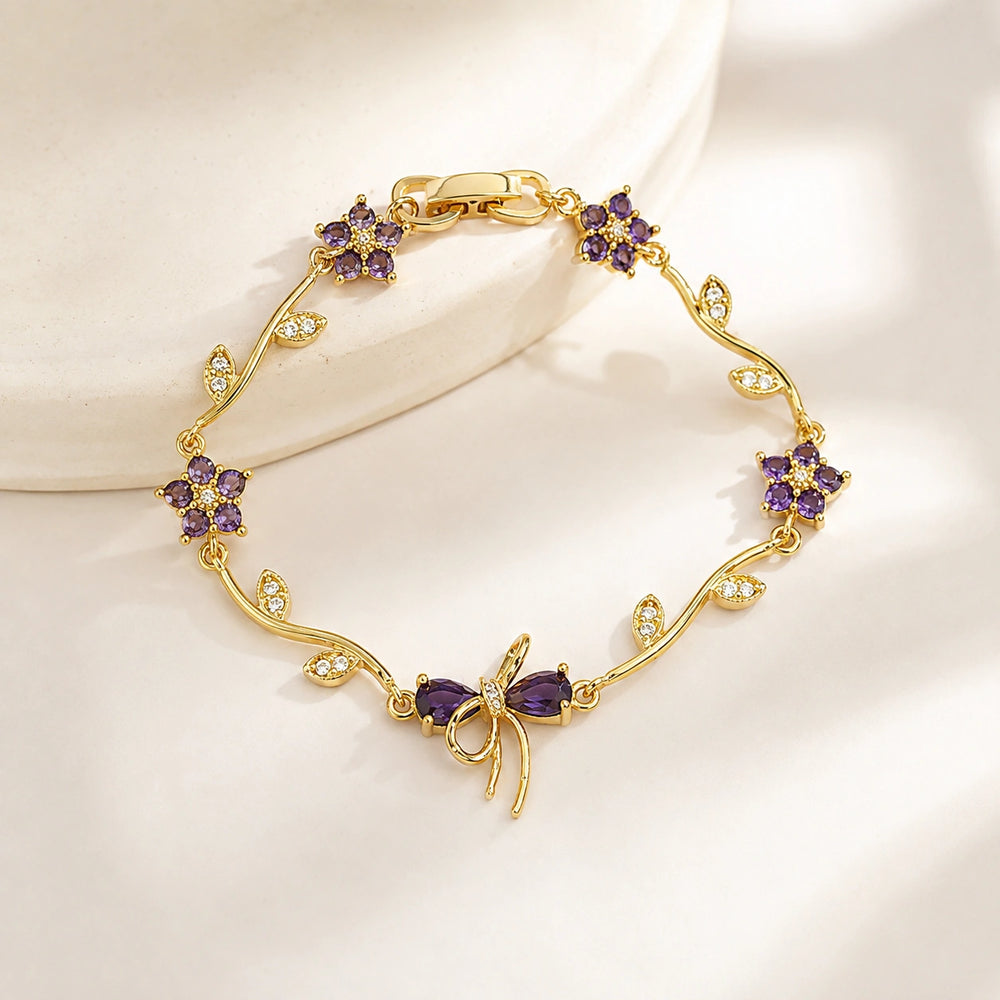 Purple Floral Bow Anti Tarnish Gold Plated Bracelet