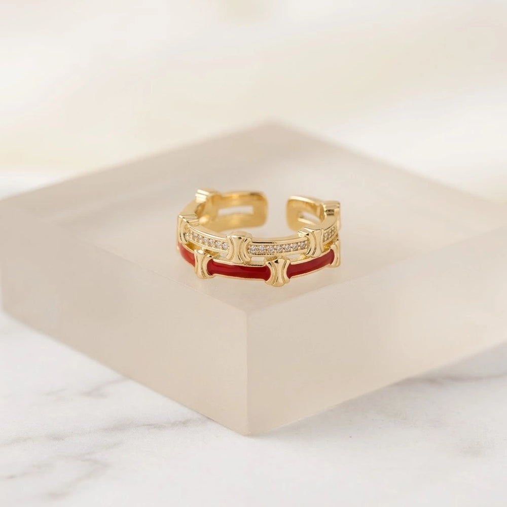 Red Enamel Layered Adjustable Ring - Anti Tarnish Gold Plated | Korean Minimalist Design