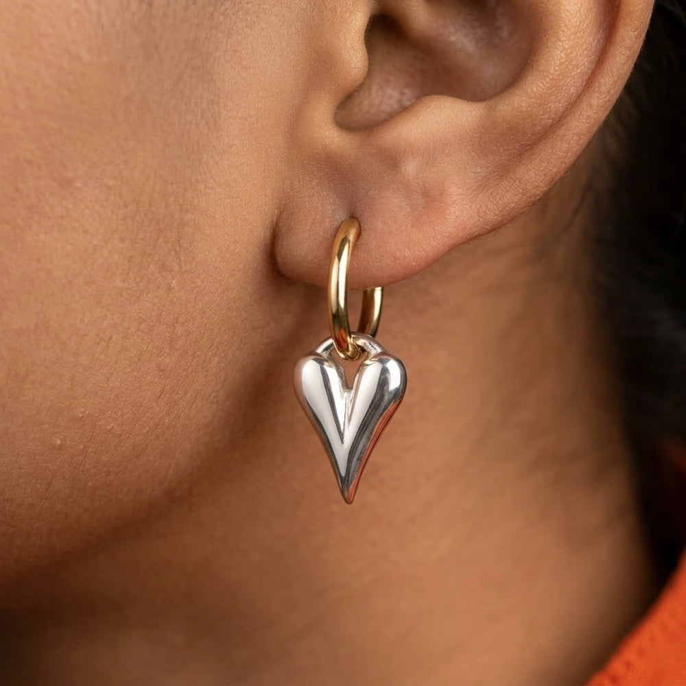 Dual Tone Heart Drop Hoop Earrings - Anti Tarnish Gold Plated