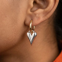 Dual Tone Heart Drop Hoop Earrings - Anti Tarnish Gold Plated