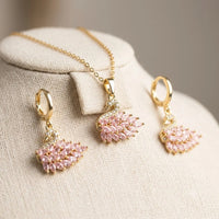 Pink Crystal Swan Necklace & Earring Set - Anti-Tarnish Gold Plated Combo