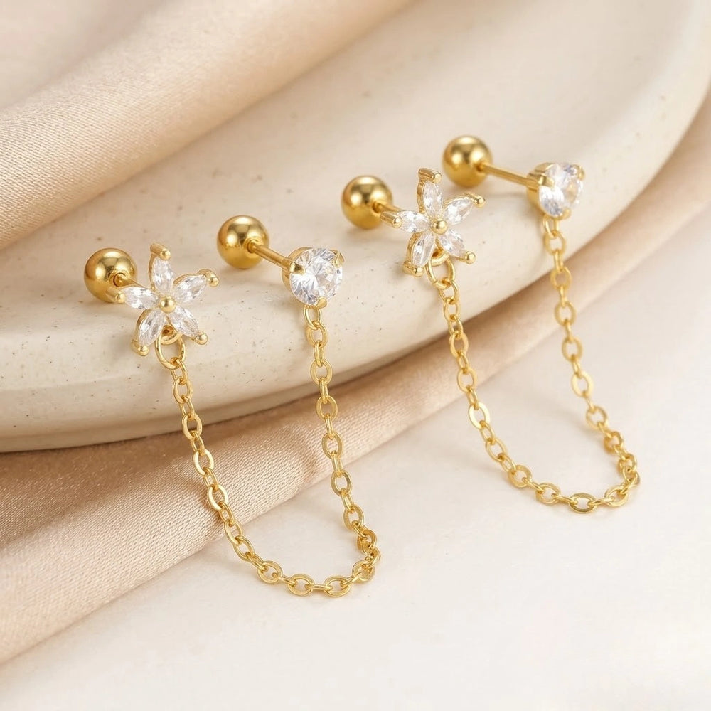 Floral Chain Double Stud Earrings | Anti-Tarnish Gold Plated