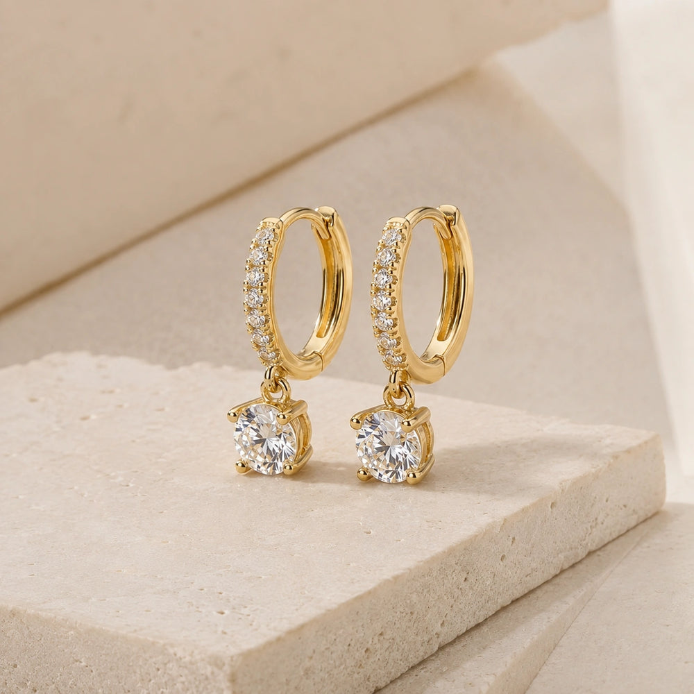 Solitaire Drop Hoop Earrings | Anti-Tarnish Gold Plated | Moncheri