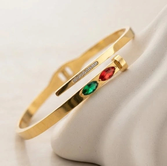 Korean Nail Cuff Bracelet with Gemstones - Anti Tarnish Gold Plated