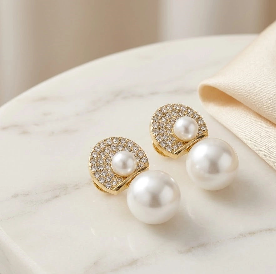 Korean Pearl & Crystal Drop Earrings