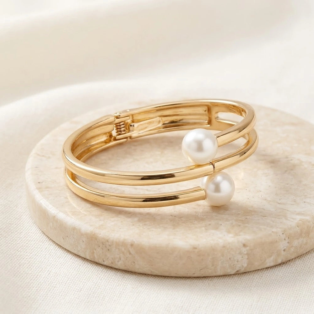 Korean Pearl Double Band Gold Plated Cuff Bracelet