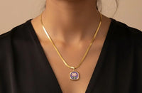Purple Enamel Flower Pendant Necklace with Snake Chain - Anti-Tarnish Gold Plated | Korean Style
