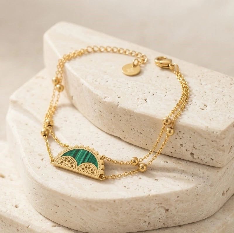 Green Stone Semi-Circle Double Layer Gold Plated Bracelet | Anti-Tarnish
