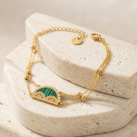 Green Stone Semi-Circle Double Layer Gold Plated Bracelet | Anti-Tarnish