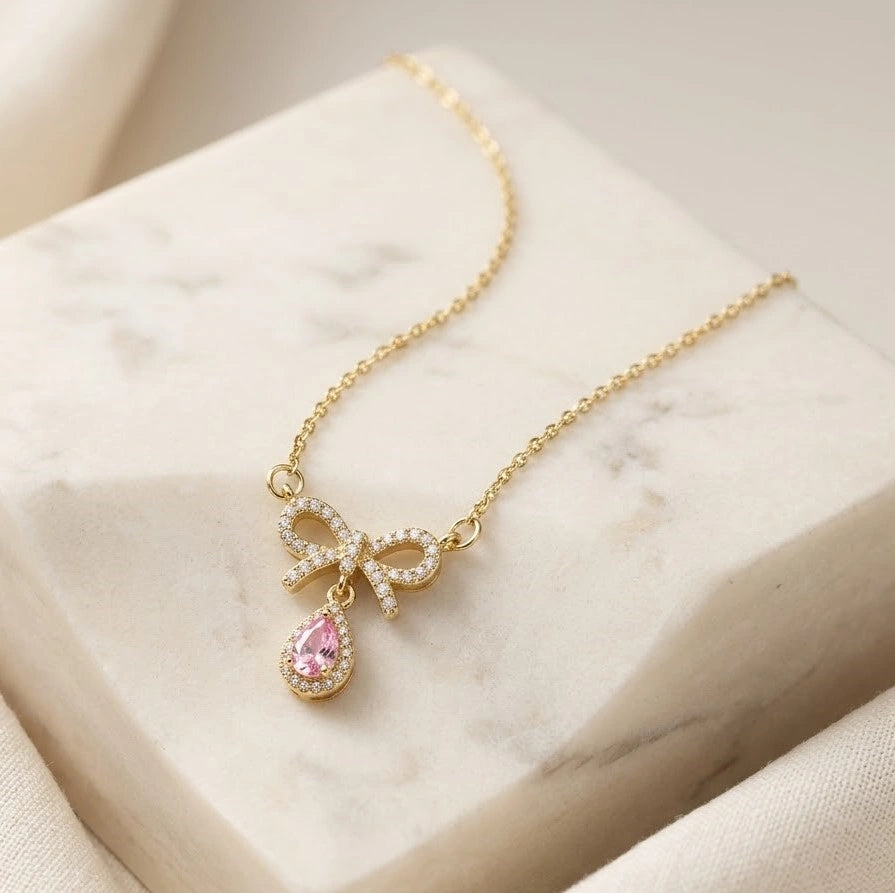 Coquette Bow & Pink Teardrop Necklace - Anti Tarnish Gold Plated