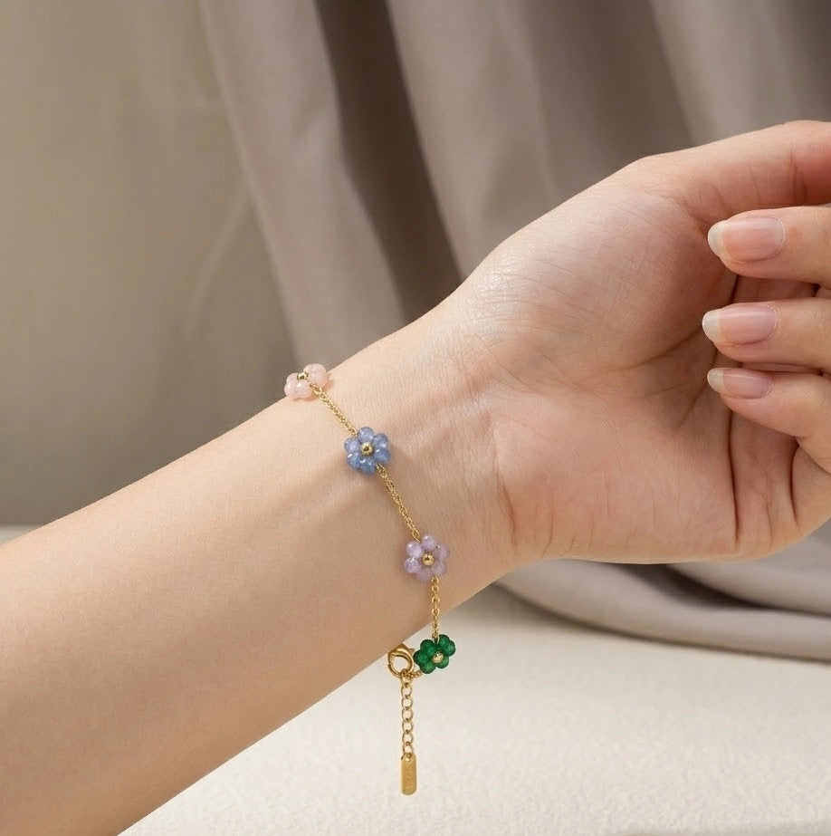 Multi-Color Floral Beaded Bracelet - Anti-Tarnish Gold Plated