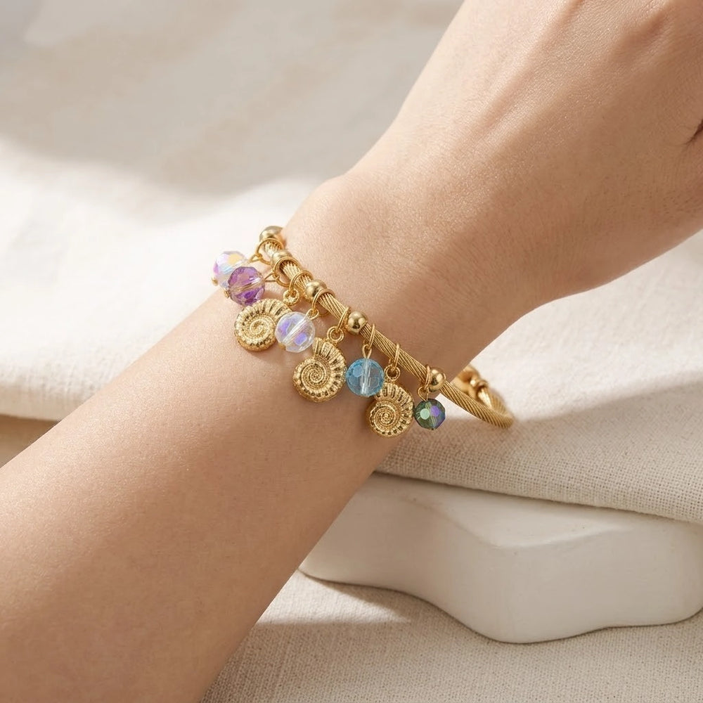 Ocean Shell Anti Tarnish Gold Plated Charm Bracelet for Women | Korean Style Crystal Bangle