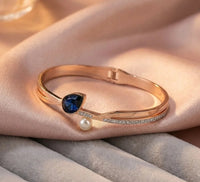 Teardrop Blue Stone & Pearl Anti-Tarnish Cuff Bracelet | Rose Gold Plated Korean Fashion Jewelry